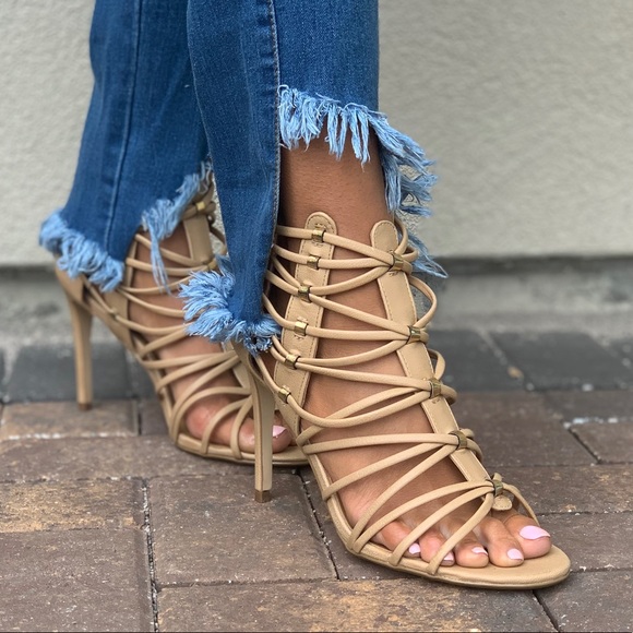 Tan Strappy Caged Studded High Heel Sandals - Picture 2 of 7